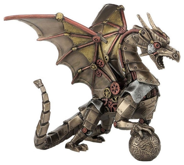Steampunk Dragon Statue - Sitting And Holding Sphere