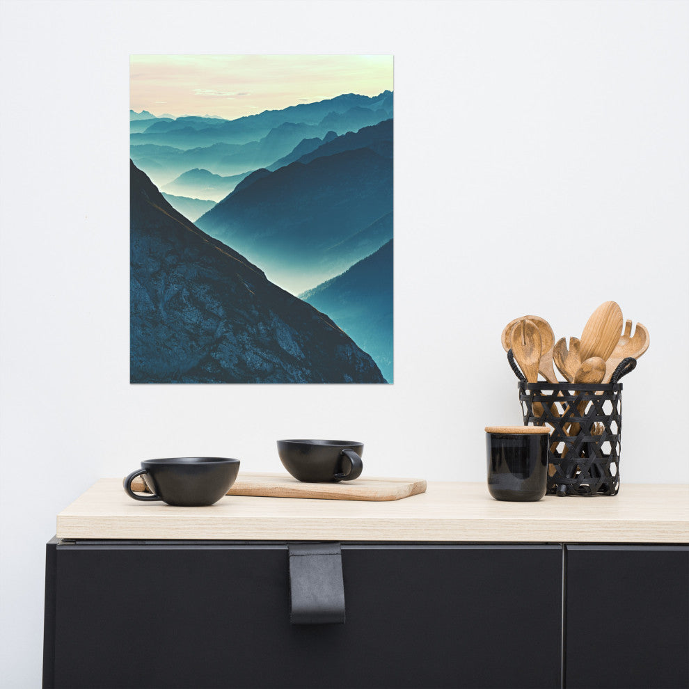 Misty Blue Silhouette Mountain Range Landscape Photo Unframed Wall Art Prints, 16" X 20"