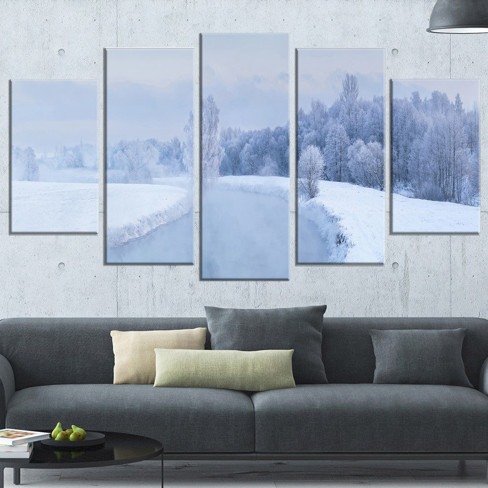 "Blue Frosty Winter Weather Panorama" Landscape Wall Art, 5 Panels, 60"x32"