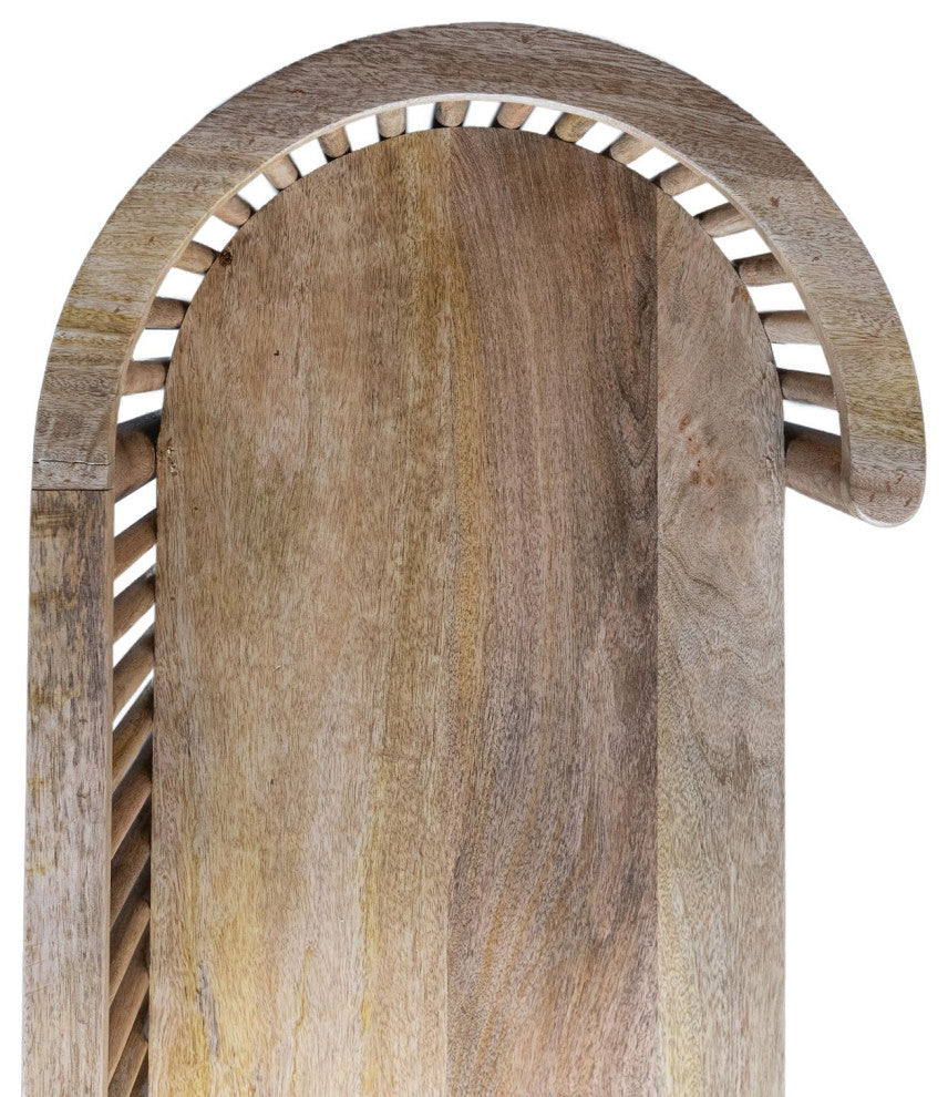 Mango Wood Slatted Bench With 2 Drawers and Metal Pulls, Natural and Brass