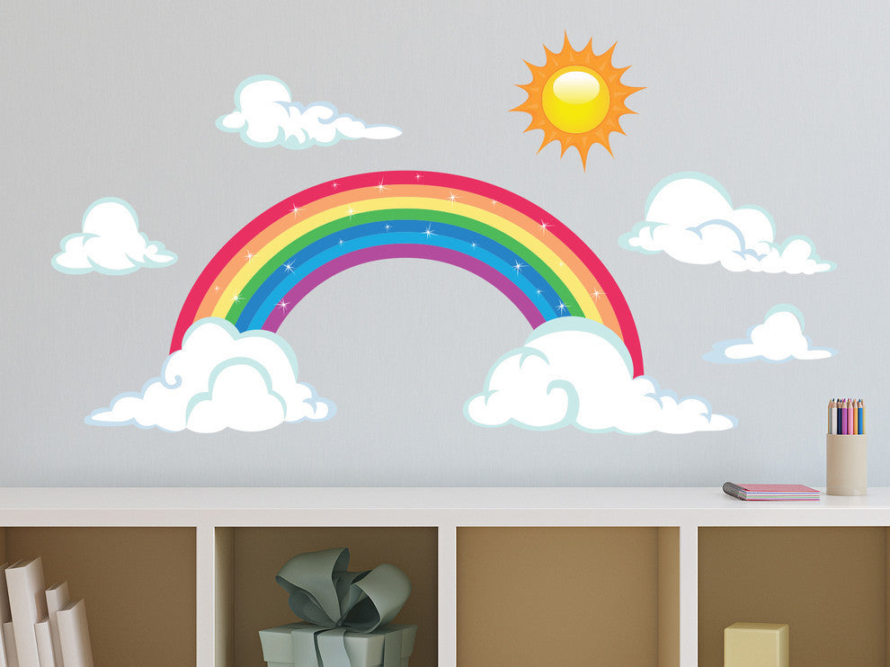 Sparkling Rainbow Fabric Wall Decals With Sun and Clouds, Size Large