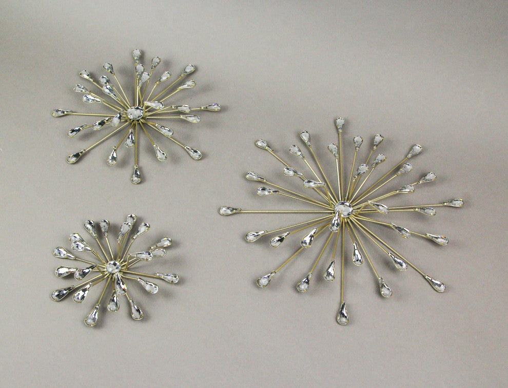 Set of 3 Gold Tone Teardrop Starburst Rhinestone Jeweled Metal Wall Art Hanging