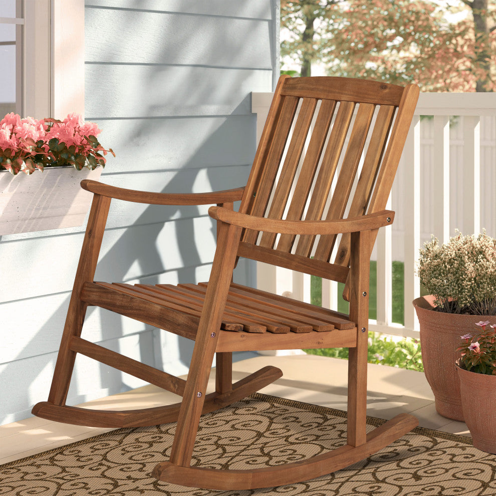Penny Classic Slat-Back Acacia Wood Patio Outdoor Rocking Chair, Teak, Single