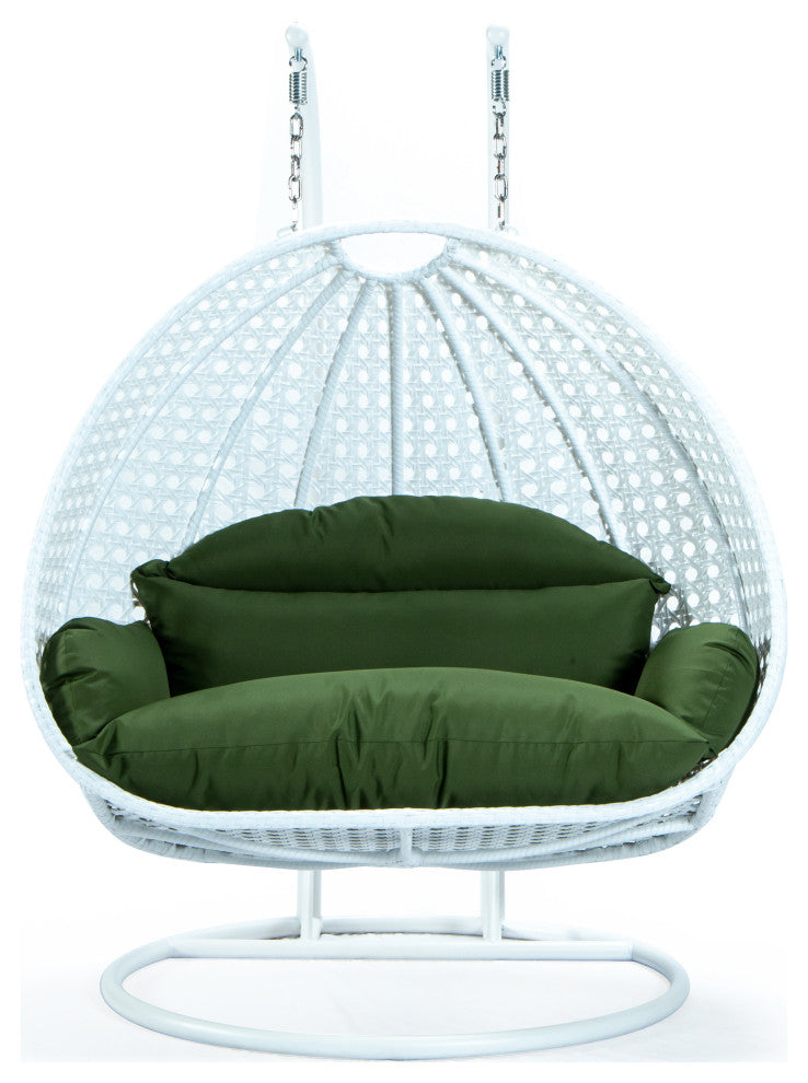 2 Person White Wicker Double Hanging Egg Swing Chair, Dark Green