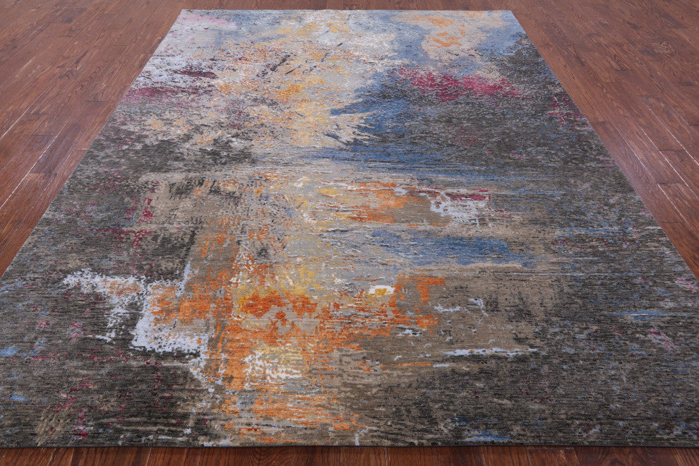 Abstract Hand Knotted Wool and Silk Rug 8' 2" X 10' 2" Q8874