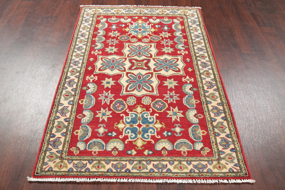 Kazak Oriental Traditional Hand Made Pakistani Area Rug, Red, 4'11"x3'4