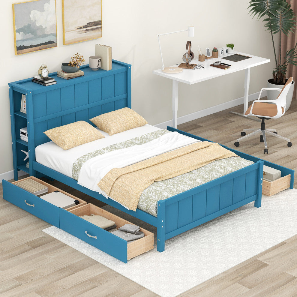 Full Size Platform Bed with Storage Drawers and Headboard Shelves (No mattress), Blue