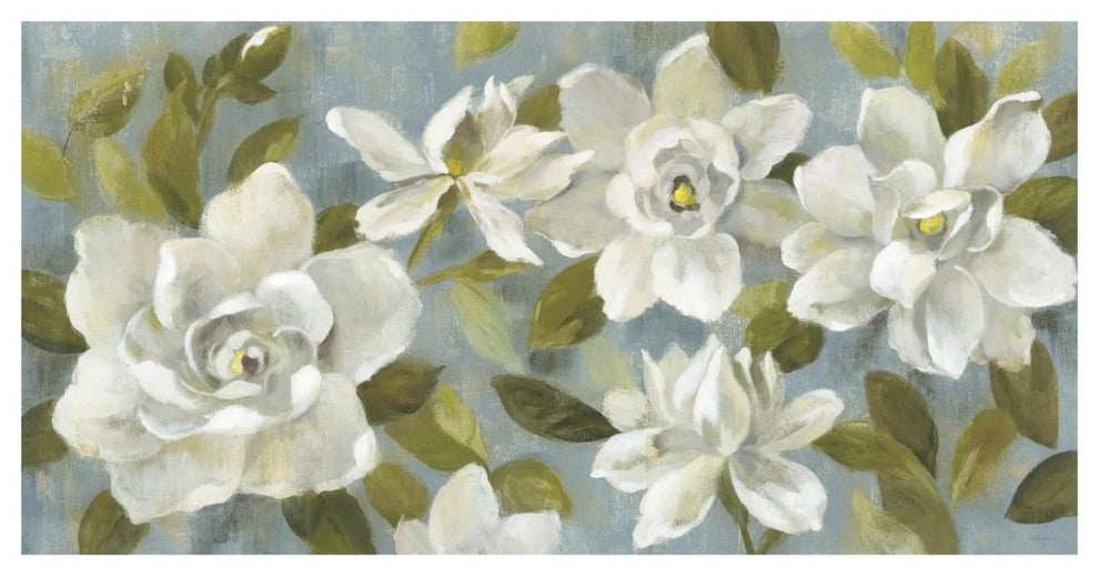 "Gardenias on Slate Blue Crop" Digital Paper Print by Silvia Vassileva, 74"x38"