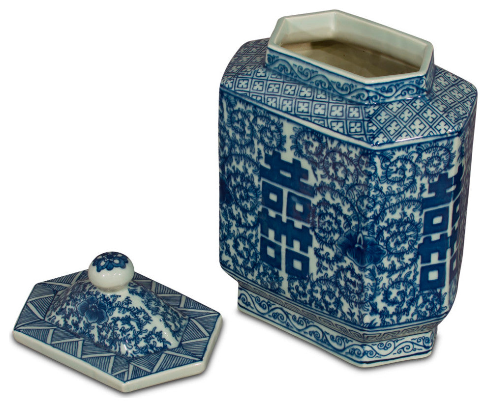Blue and White Porcelain Tea Jar Double Happiness Motif