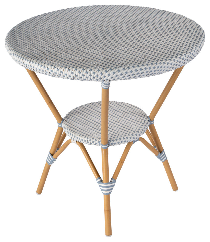 Tobias Outdoor Rattan and Metal Round Bistro Table, Blue and White