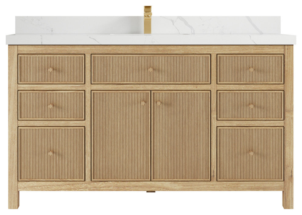 Sonoma 60 Single Bathroom Vanity in Light Natural Teak with 2" Calacatta Laza