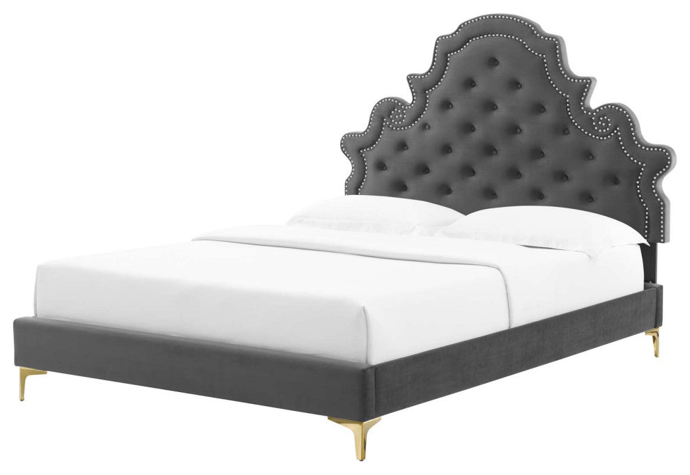 Tufted Platform Bed Frame, Full Size, Velvet, Gray, Modern Contemporary