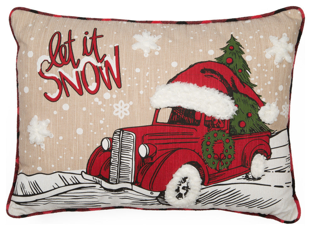 Let It Snow Christmas Car Pillow Embroidered WithSofty Tufted Snow, 13"x18"