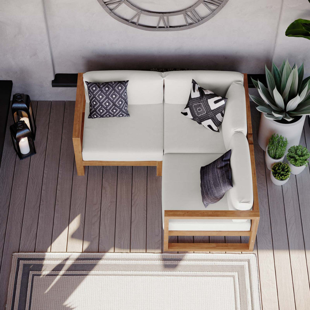 Lounge Sectional Sofa Chair Set, White Natural, Wood, Modern, Outdoor Patio