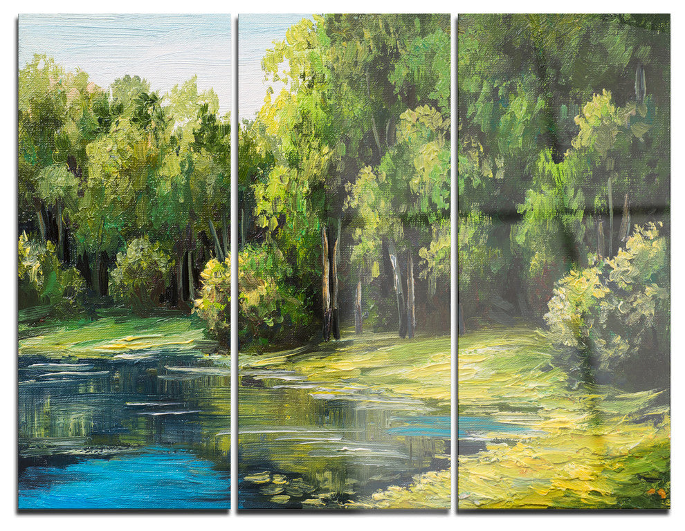 "Summer Day Lake in Forest" Glossy Metal Wall Art, 3 Panels, 36"x28"