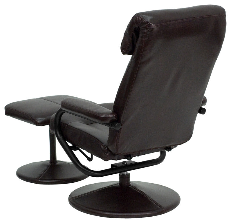 Contemporary Leather Recliner and Ottoman With Leather Wrapped Base, Brown, 26.5
