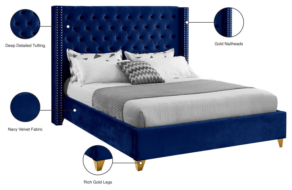 Barolo Velvet Upholstered Bed, Navy, Full