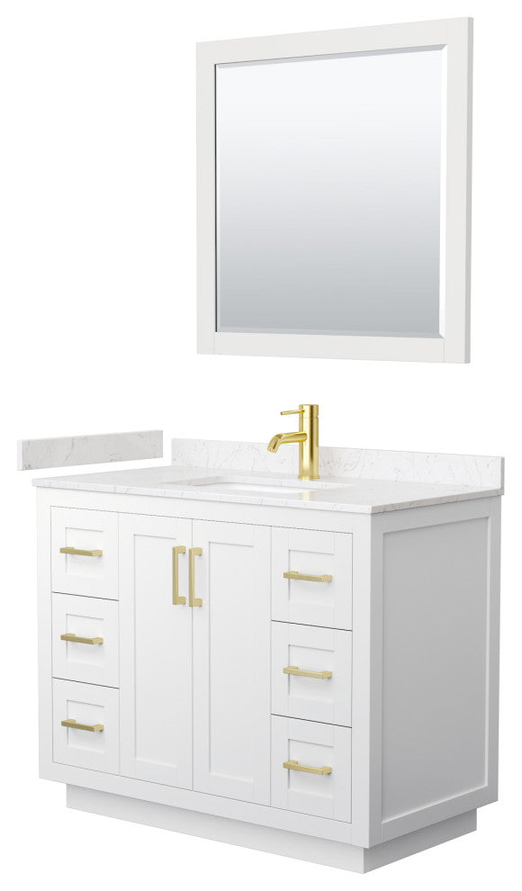 42"SGL Vanity White, LV Carrara Cult. Marble Top, Sink, Gold Trim, 34"Mirror