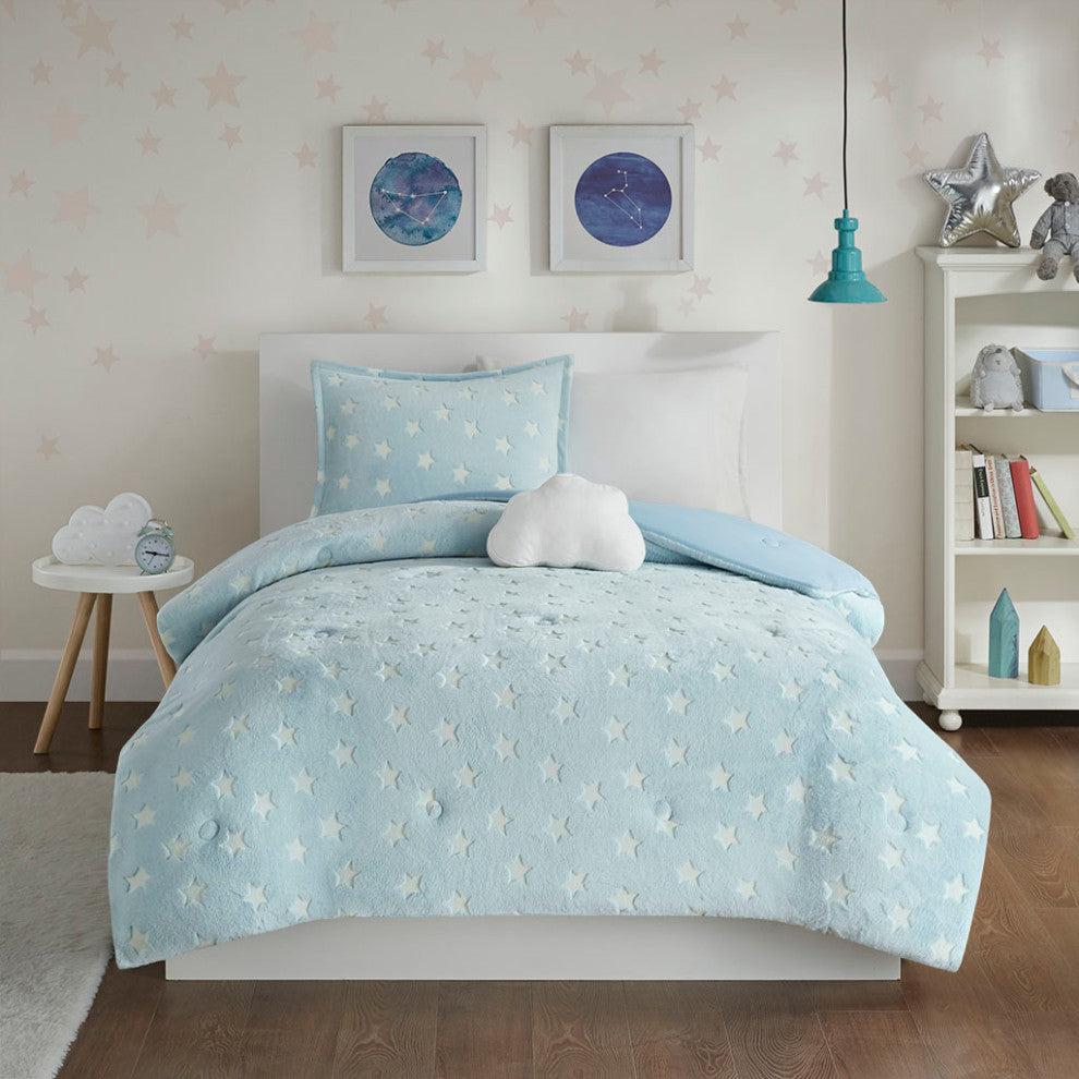 Mi Zone Kids Quinny Glow, The Dark Plush Comforter Set, Aqua
