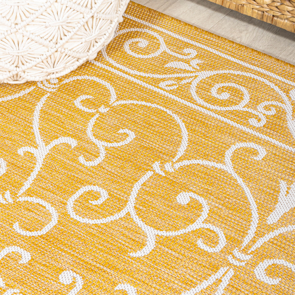 Charleston Filigree Textured Weave Indoor/Outdoor, Yellow/Cream, 5' Square