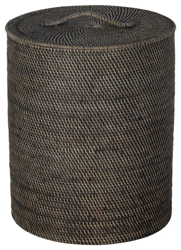 Loma Round Rattan Hamper and Laundry Basket With Removable liner, Black Wash