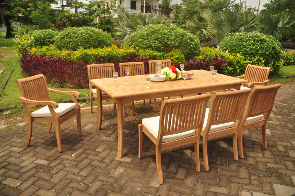 9-Piece Outdoor Teak Dining Set, 117" Rectangle Table, 8 Arbor Stacking Chairs