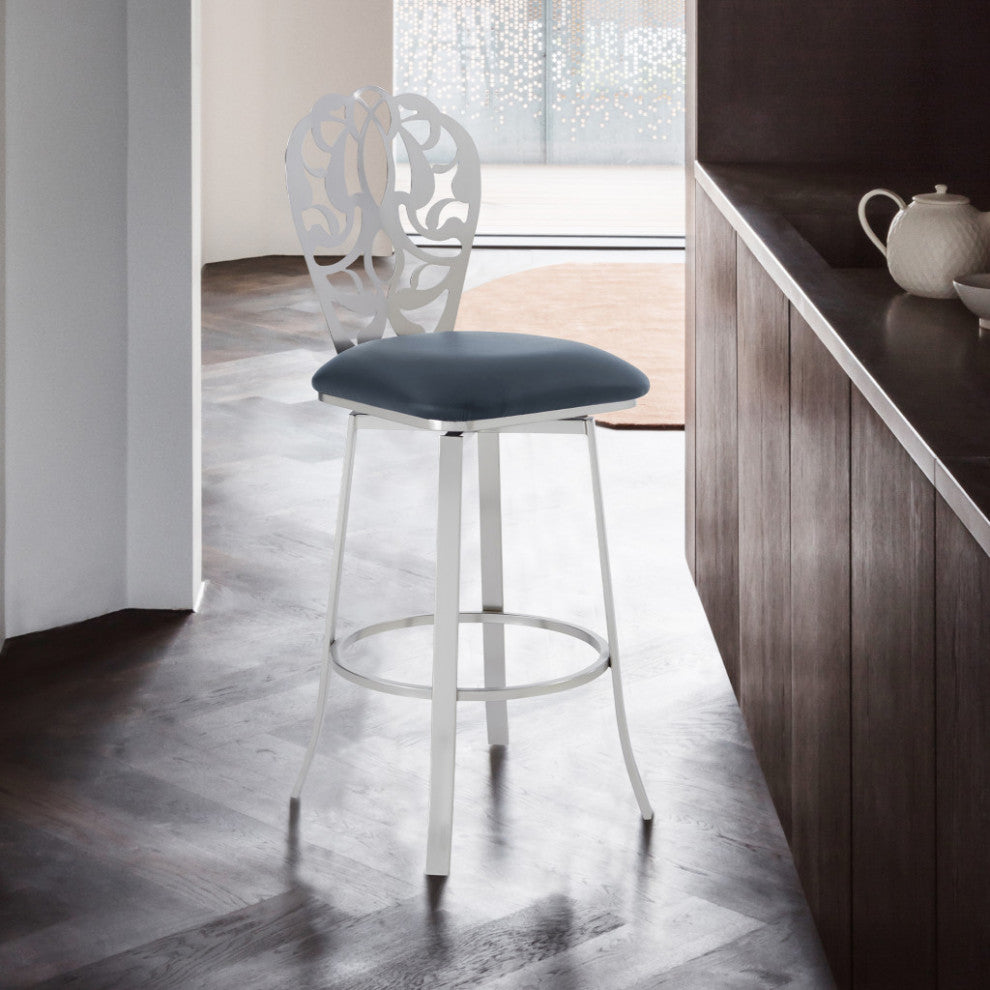 30" Gray Faux Leather Scroll Brushed Stainless Steel Swivel Bar Stool