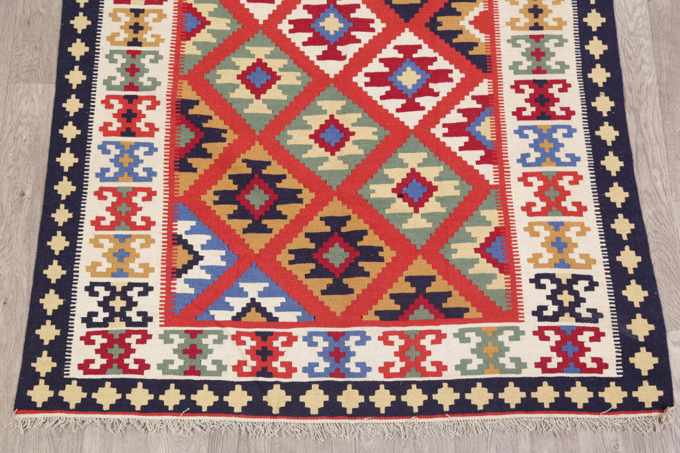 Southwestern Kilim Shiraz Geometric Hand-Woven Wool Oriental Rug, Orange, 5x7