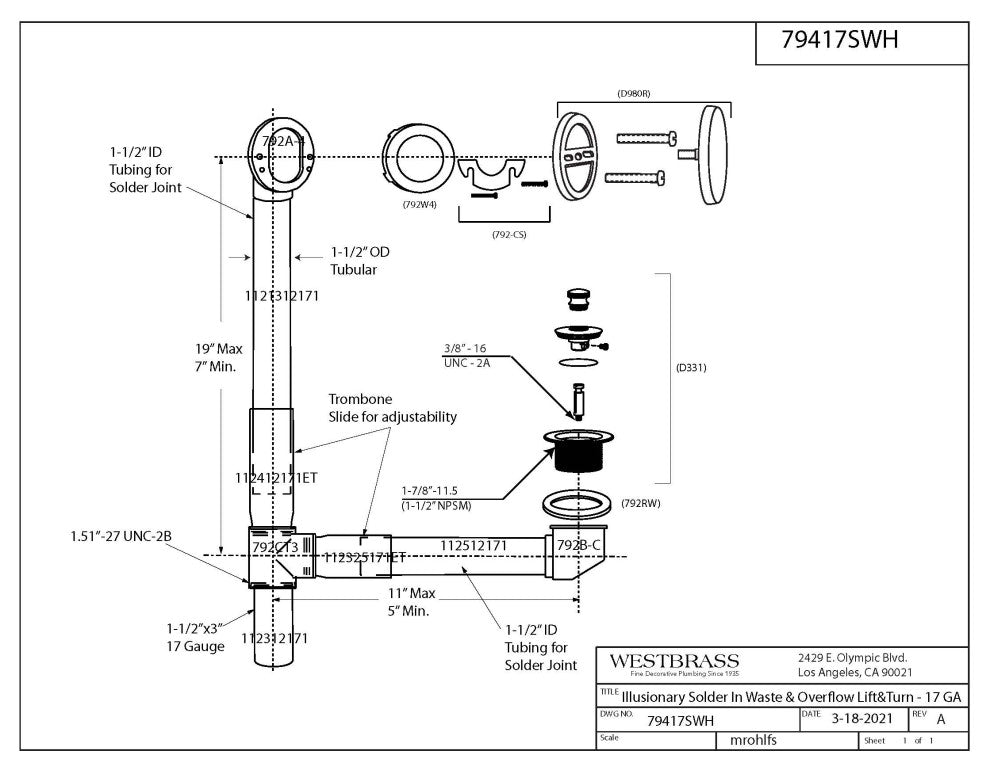 19 in. Solder In Brass Bath Tub Waste Drain Kit, White