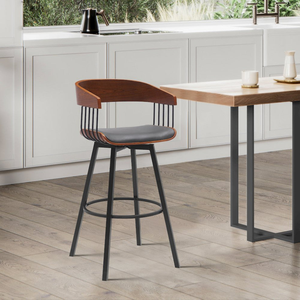Athena Upholstered Wood Swivel Bar or Counter Stool with Black Metal