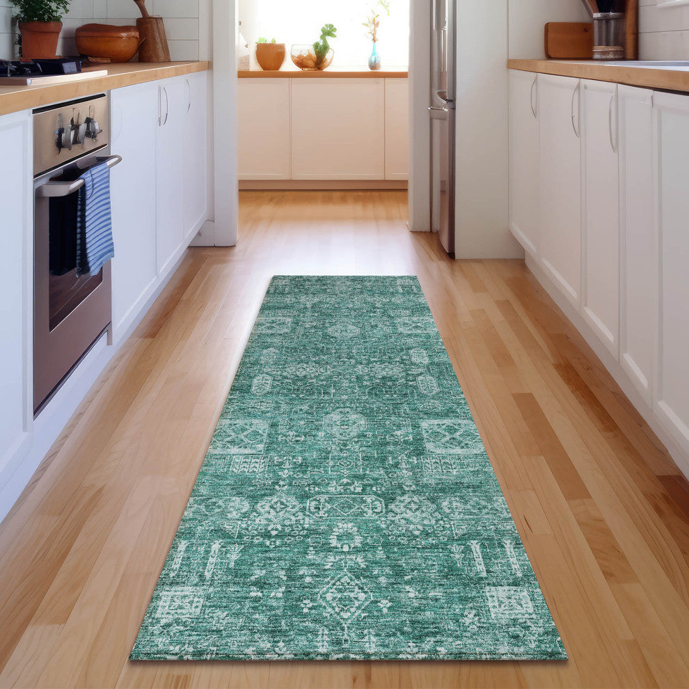 Premium Machine Washable Mayfield AMF637 Teal 2'3" x 7'6" Runner Rug