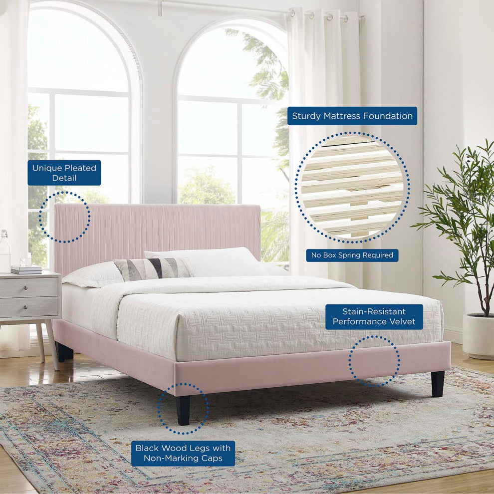 Platform Bed Frame, King Size, Velvet, Pink, Modern Contemporary, Bedroom Master