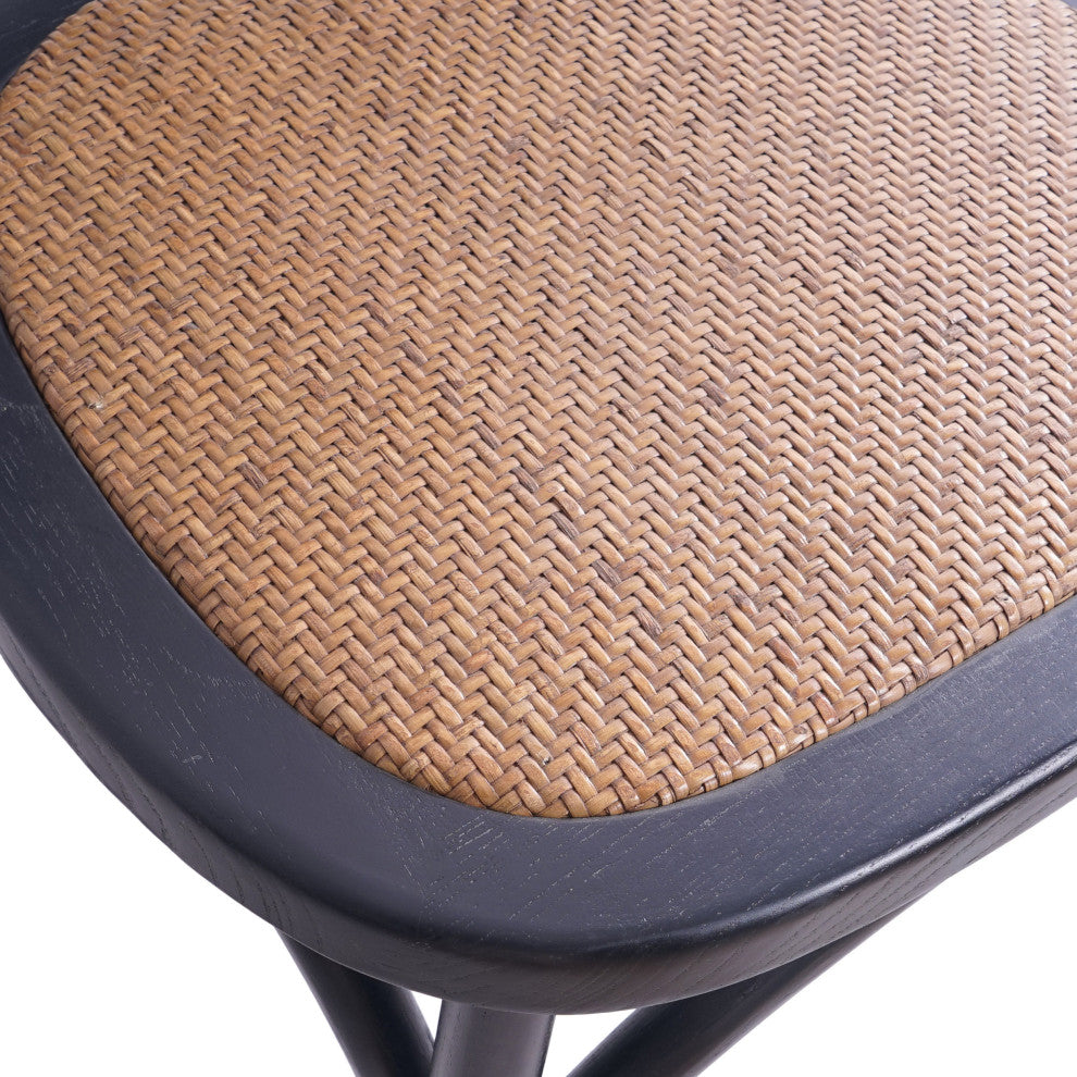 Bordeaux Elm Wood and Rattan Dining Chairs, Set of 2, Matte Black