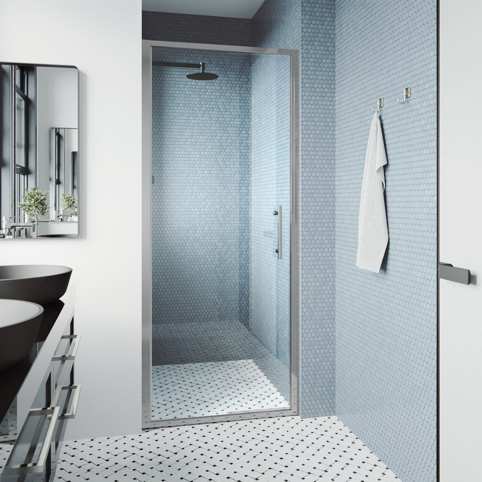 VIGO Astoria Framed Pivot Shower Door, Chrome, 30" W X 76" H, Clear Glass