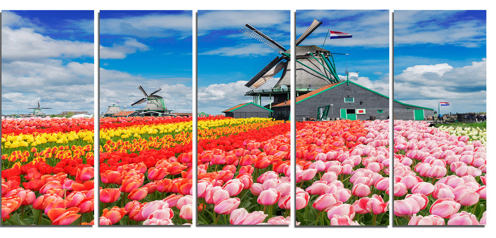 Dutch Windmills and Garden, Abstract Canvas Wall Art, 60"x28", 5 Panels
