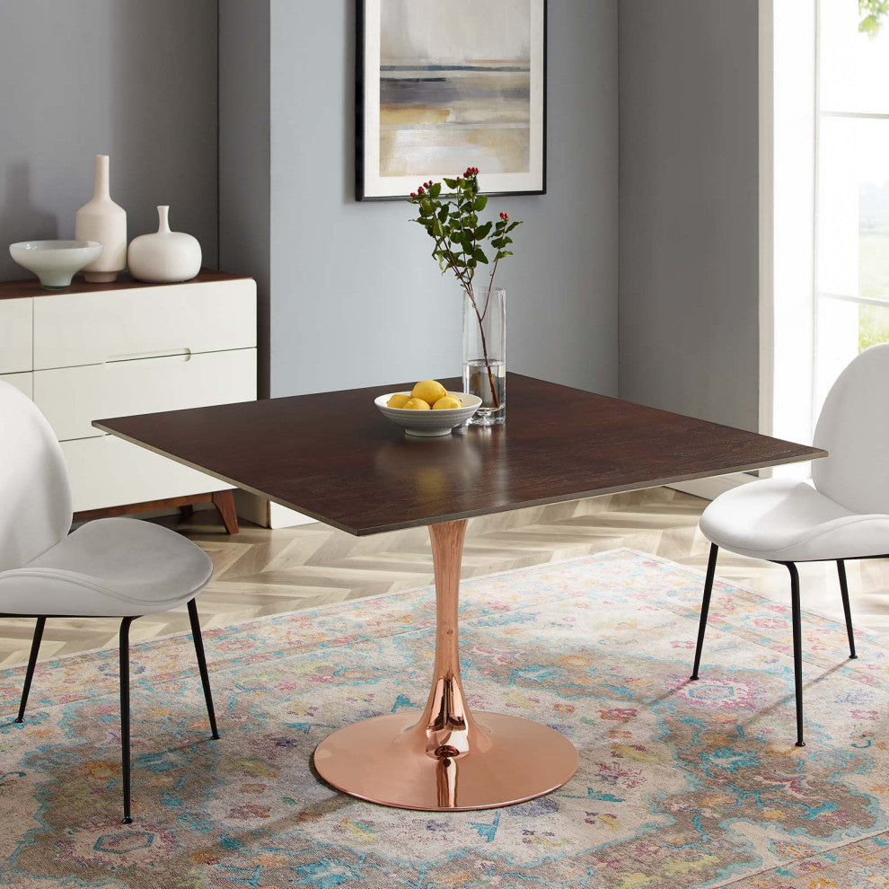 Dining Table, Square, Wood, Rose Gold Dark Brown Brown Walnut, Modern, Bistro