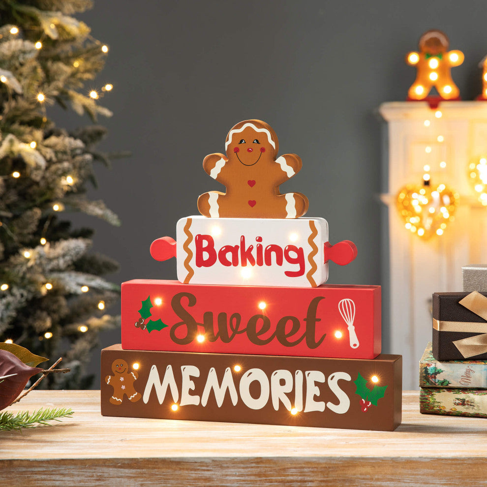 12"H Lighted Wooden Christmas Block Table Decor, Gingerbread Man