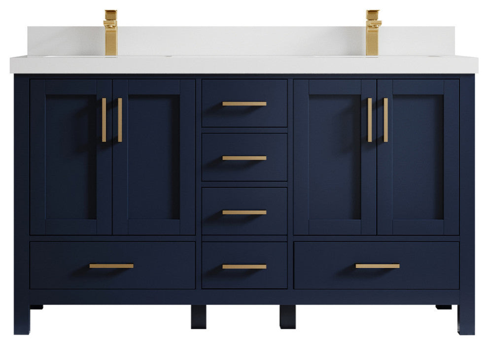 Malibu 60 Double Sink Bathroom Vanity in Navy Blue 1.5" White Quartz