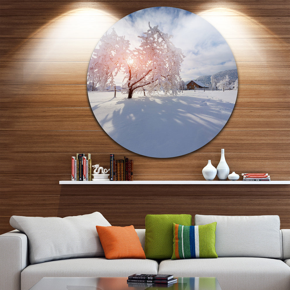 Winter In Carpathian Village, Landscape Photo Disc Metal Artwork, 23"