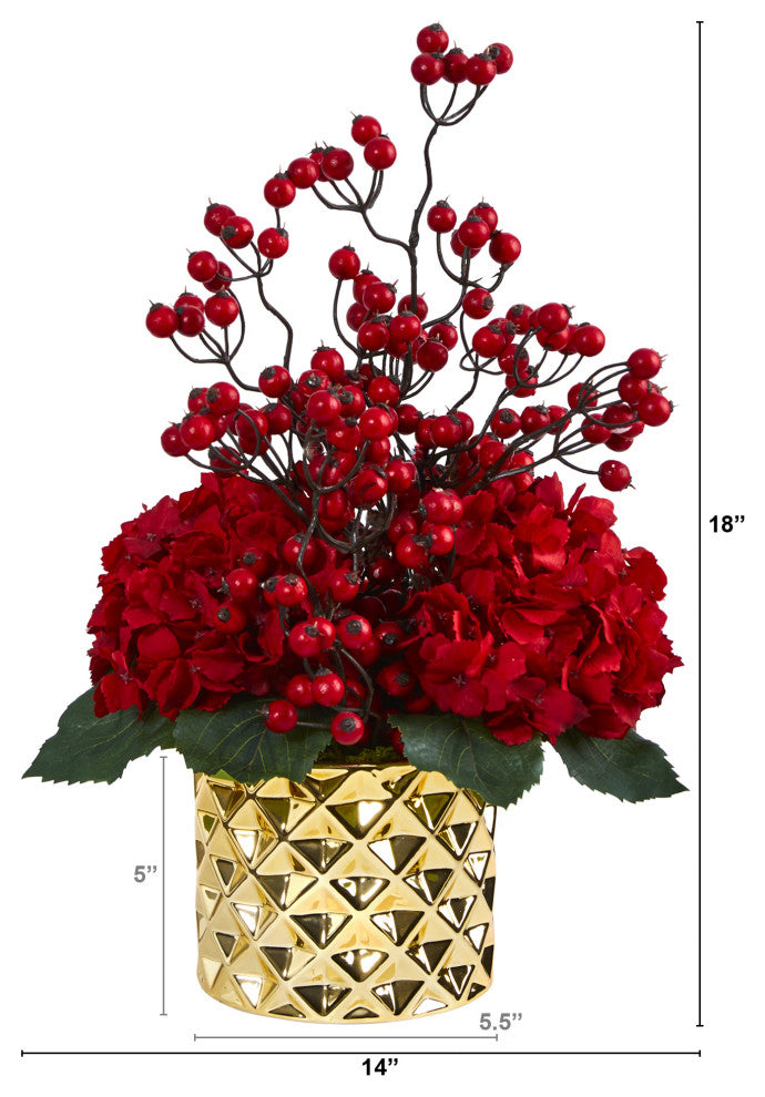 18" Hydrangea and Berries Artificial Arrangement, Gold Vase