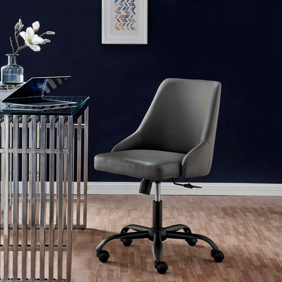 Computer Work Desk Swivel Chair, Faux Vegan Leather, Black Gray, Home Office