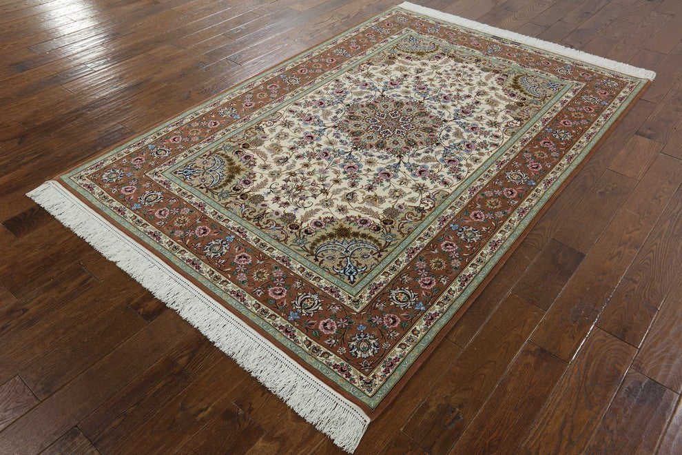 Hand Knotted Wool and Silk Authentic Signed Persian Isfahan Rug, 5'x8'