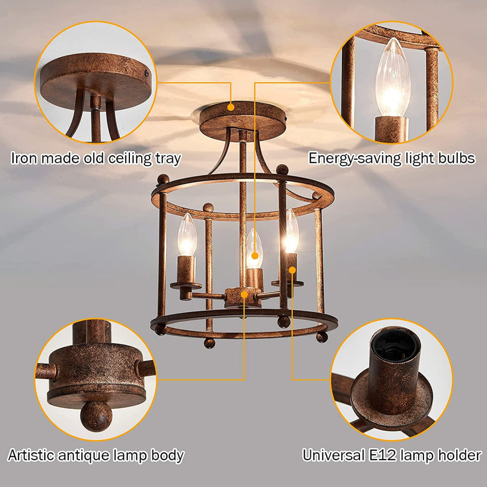 3 Light Industrial Semi Flush Mount Ceiling Lamp Rust Bronze Island Ceiling Lamp
