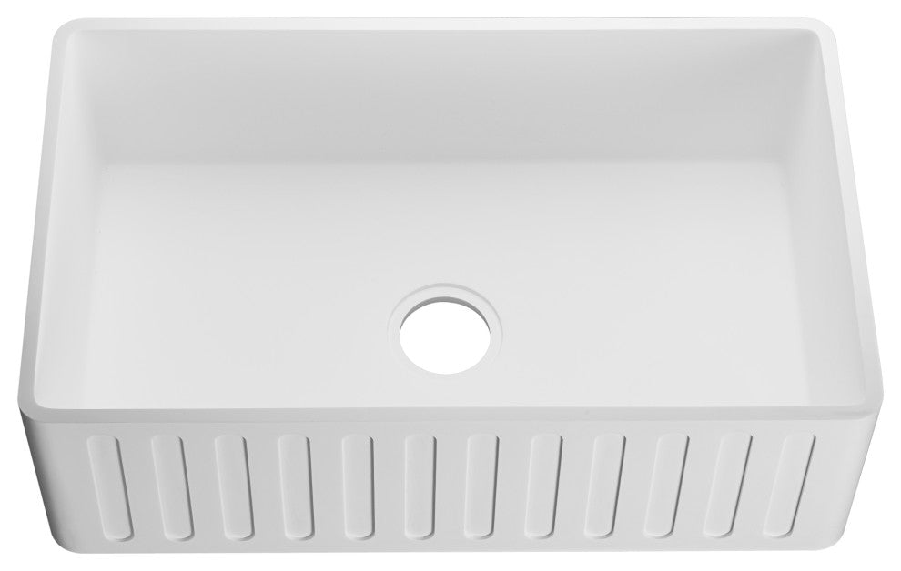 Roine Apron Front Man Made Stone Single Bowl Kitchen Sink, White, 30"