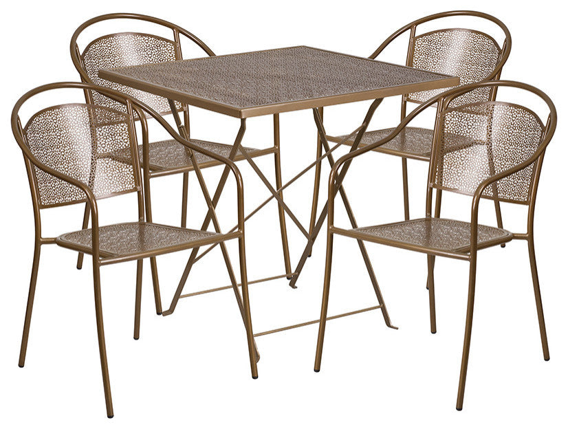 28'' Square Gold Indoor-Outdoor Steel Folding Patio Table Set