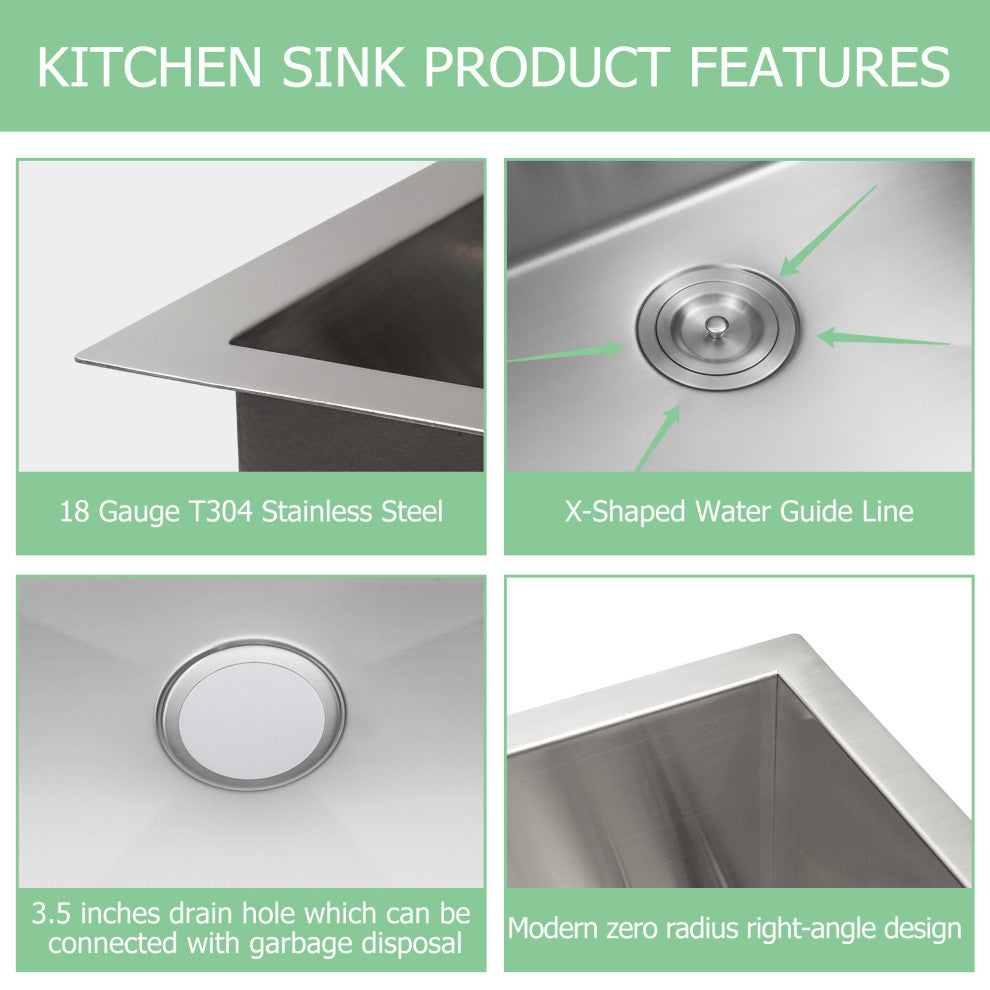 32" Undermount T-304 Single Bowl Handmade Stainless Steel Kitchen Sink