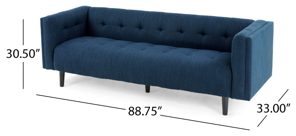 Plano Mid-Century Modern Tufted 3-Seater Sofa, Light Gray/Dark Brown, Navy Blue/Dark Brown