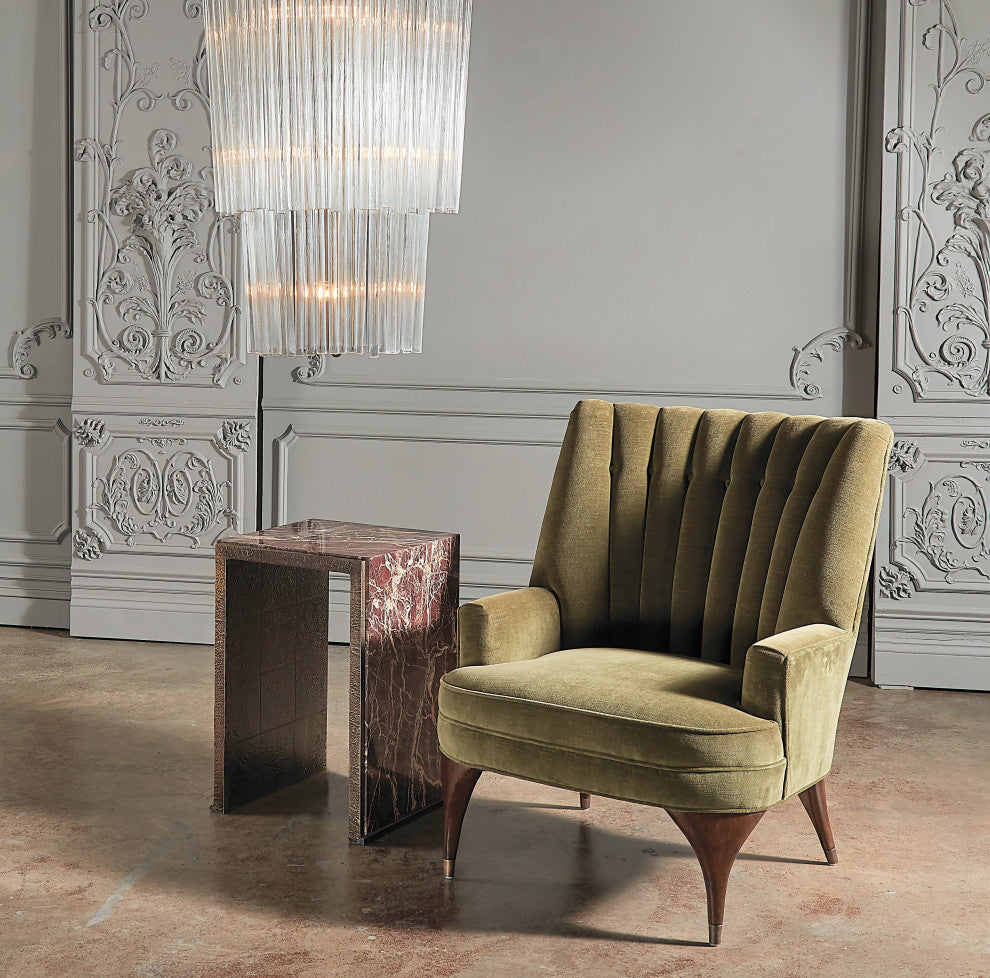 Luxe Moss Green Velvet Arm Chair Channel Back Tufted Mid Century Wood Brass