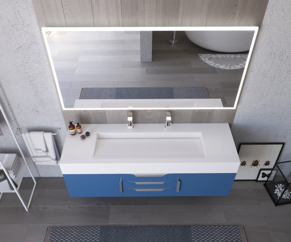 CastelloUSA Nile 60" Wall Mounted Vanity Set, Blue, White Top, Chrome Handles