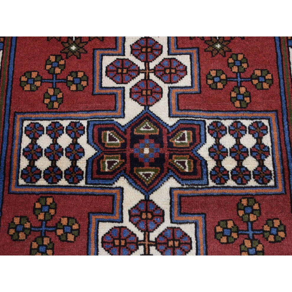 Red Vintage Bohemian Persian Hamadan Pure Wool Hand Knotted Rug 3'5" x 5'